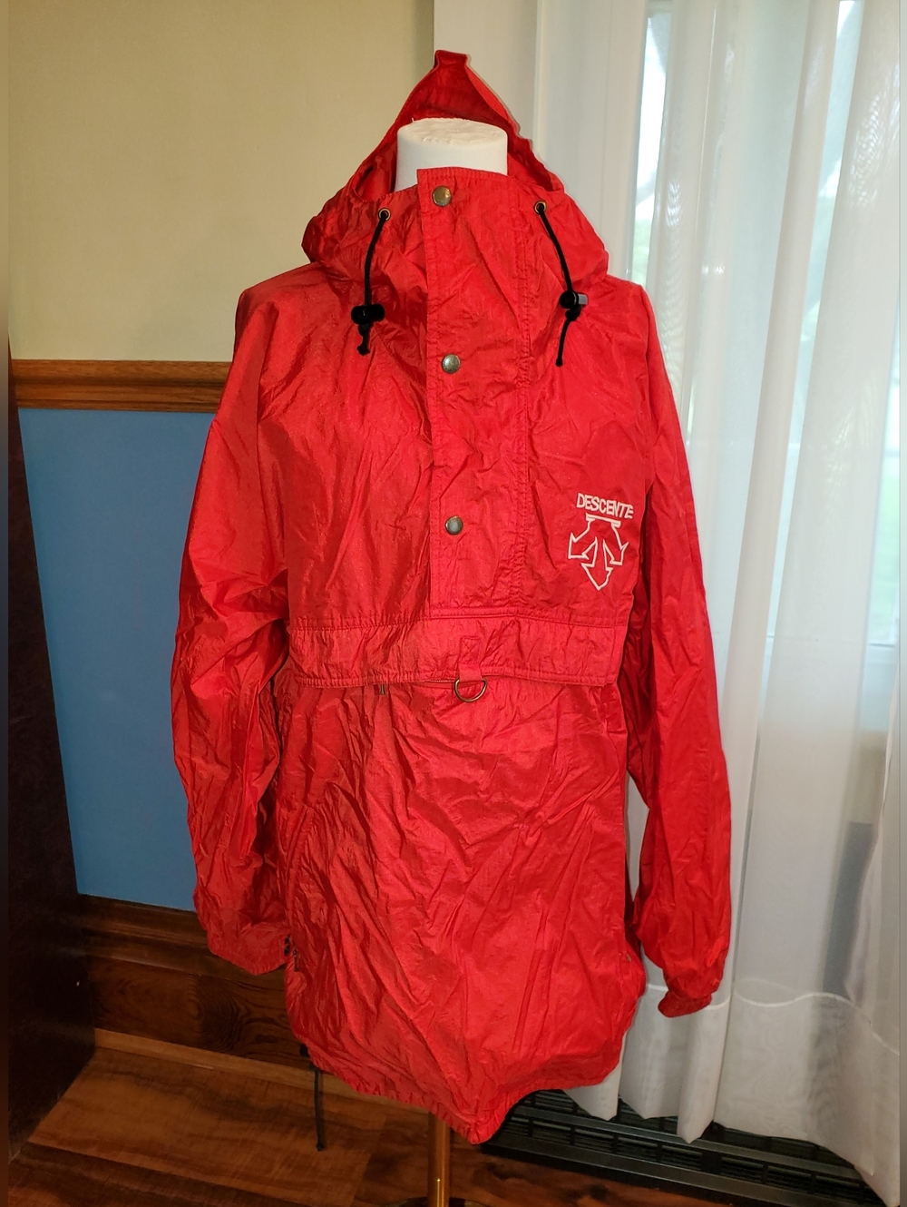 Vintage Red Descente Men's Lightweight Ski Jacket Hooded Pullover 1/4 Zip - 80s